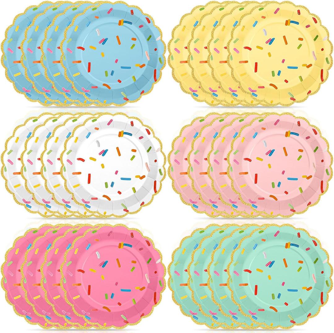 48 Pcs 9 Inch Confetti Sprinkles Dessert Plates Sprinkled Love Baby Shower Party Decoration Scalloped Golden Edge Disposable Thick Paper Plate Donut Ice Cream Wedding Birthday Supplies (Only Yellow)