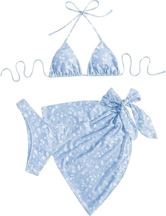SHENHE Women's 3 Piece Textured High Cut Halter Triangle Bikini Swimsuit with Cover Up (Medium)