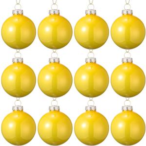 12 Pcs Yellow Glass Christmas Ball Ornaments 2.36" Shatterproof Xmas Christmas Tree Decorations with Hanging Loop and Rope Christmas Decorative Ball for Holiday Hanging Wreath Garland Decorations