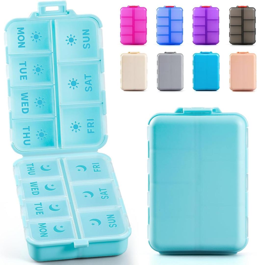 New Foldable & Double Protection Portable Weekly Pill Organizer 2 Times A Day with Etched Labels, AM PM 7 Day Week Medicine Box, Daily Travel Pill Case Dispenser for Vitamin, Supplement - Sky Blue