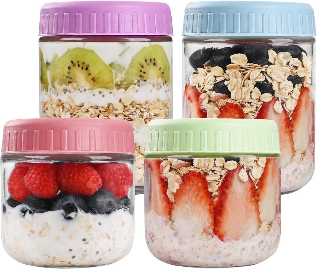 SHOWIN Overnight Oats Containers with Lids, Glass Jars with Lids 4 pcs, Candy, Wide Mouth Mason jars for Salad, Yogurt, Snacks, Meal Prep (10&16oz-4pc)