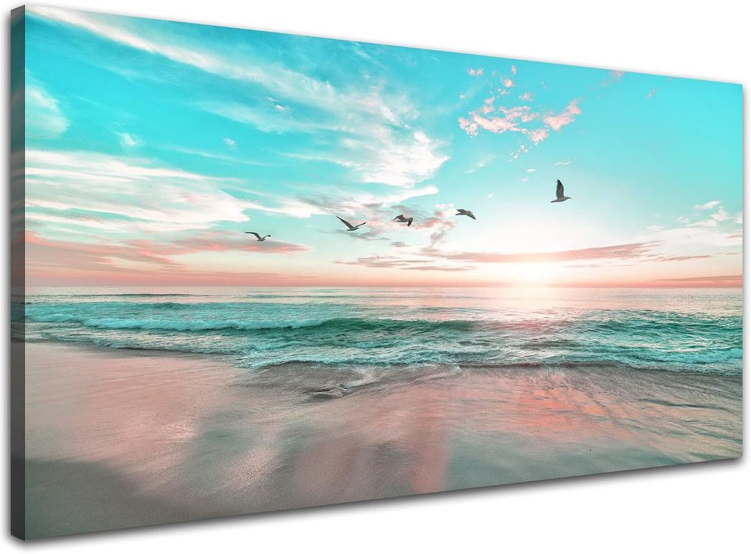 Ocean Beach Sunrise Wall Art,Ephany Art,1 Pieces Canvas Wall Art Sunset View, Landscape Canvas Paintings, Stretched and Framed Ready To Hang (D-1pcs,20x40inchx1pcs)