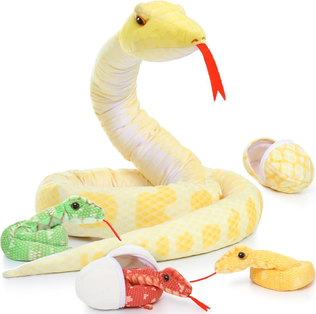 MorisMos Giant Snake Stuffed Animal Mommy with Babies, Realistic Stuffed Snakes Plush Toy, Long Boa Constrictor for Kids, Girls, Boys, Halloween, Yellow, 80in
