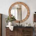 30 Inch Brown Solid Wood Round Wall Mirrors, Decorative Circle Mirror for Bathroom, Bedroom, Living Room, Hallway, Foyer, Entryway