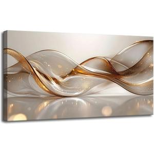 Modern Large Living Room Canvas Wall Art Gold Abstract Lines Decor painting Picture Transparent Wave Neutral Posters Prints for Bathroom Bedroom Office Hallway Home Decoration, 48"L x 24"W