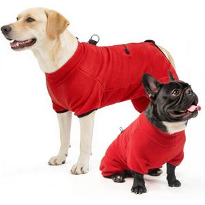 SCENEREAL Fleece Dog Coat Sweaters with Harness Built in, Soft Pullover Dog Pajamas with Zip Boys Girls, Christmas Cold Weather Pet Jacket Clothes Outfits for Puppy Small Medium Large Dogs, Red M (Medium(Back Length 16.5"))