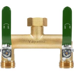 Garden Hose Splitter, 3/4 Rust and Freeze Resistant Outdoor Hose Manifold with 2 Green Extra Long Handles Faucet Adapter-Heavy Duty Brass 2-Way Valve