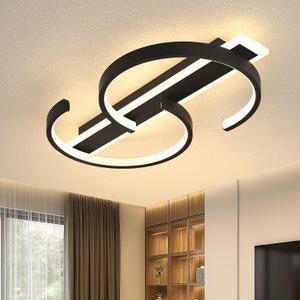 LED Ceiling Light 2 Rings Black Modern Flush Mount Ceiling Lamp with Remote 3000-6000K Living Room Light Fixture 23.62in for Bedroom Dining Room Office