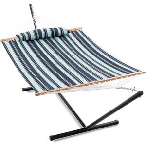 Gafete Large Two Person Hammock with Stand Included Heavy Duty Portable Cotton Double Hammocks with Hardwood Spreader Bar Soft Pillow for Patio Outdoor, Max 475lbs Capacity, (Blue)