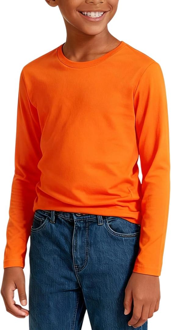 2 x Boys Cotton Long Sleeve Shirts Soft Breathable Crewneck Tees for Kids, Fashion Basic Tops 4-12 Years (Orange, XS)