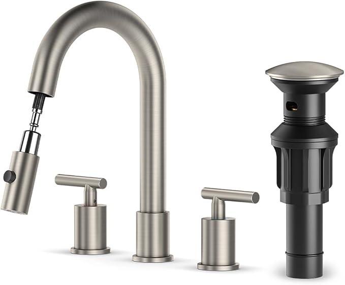 Ryuwanku Brushed Nickel Pull Down Bathroom Faucet with Pop-up Drain, 8 inch Widespread Bathroom Faucet 3 Hole with Pull Down Sprayer 2 Modes, 8'' Brushed Nickel Bathroom Faucet with Supply Lines