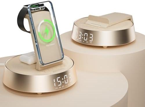 Alarm Clock with Wireless Charging Station, Clock for Bedroom with Dimmable Night Light Bluetooth Speaker, Wireless Charger Dock Station for iPhone 17 16 15 14 13 12 Pro Max, Apple Watch