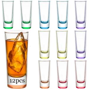 Ruckae 12 Pack 2 OZ Shot Glasses Set Gradient Colorful Shot Glasses Bulk with Heavy Base Bar Cylinder Glass Shot Cups for Vodka Tequila Whiskey Liquor Cocktail