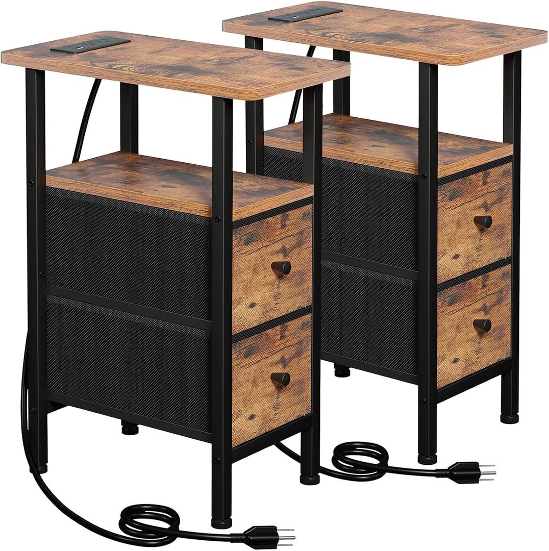Narrow End Tables Living Room Set of 2 with Charging Station, Skinny Side Table with Fabric Drawers, Slim Nightstand for Bedroom, Small Spaces, Couch, Brown, HETNDP02BR (Rustic Brown + Black)