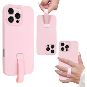 SOKAD for iPhone 16 Pro Max Case with Finger Strap, Slim Liquid Silicone Rubber 3 Layers Phone Case with Finger Grip for Women Men, Full Camera Protection Shockproof Case Cover, Pink