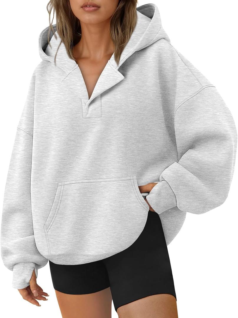 Trendy Queen Womens Oversized V Neck Hoodies with Thumb Hole Pullover Sweatshirts Y2k Clothes Fall Fashion Outfits 2026 (Medium, Grey)