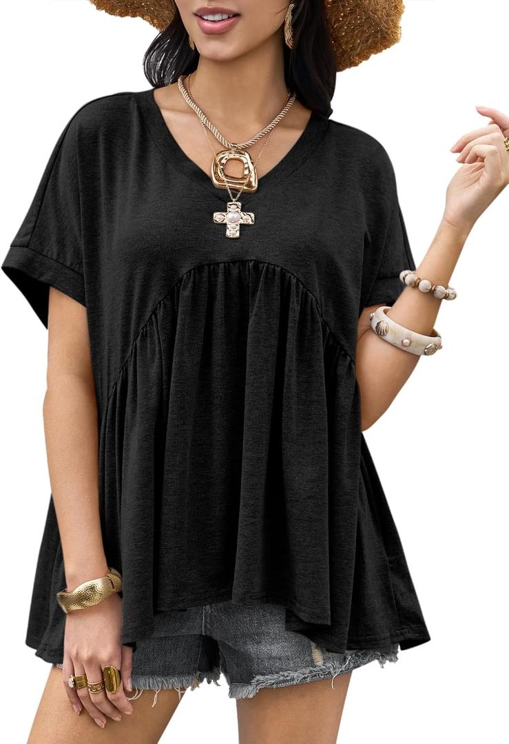 Cicy Bell Womens Summer Peplum Tops Oversized Babydoll Short Sleeve V Neck T Shirts Casual Loose Pleated Swing Blouse (Black, XXL)