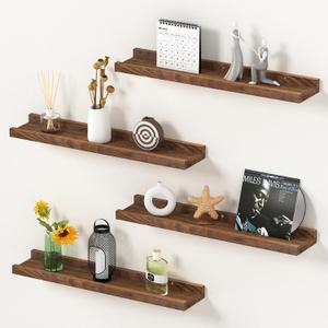 Floating Shelves for Wall, Solid Pine Wood Floating Shelf with Lip for Bedroom, Living Room, Kitchen, 16 Inch Wall Mounted Storage Shelves for Room Decor Organizers Set of 4 (Walnut, 4Pack 16inch)