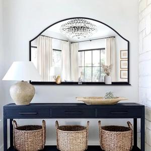 Chende 47''x32'' Large Wall Mirrors for Decor, Black Bathroom Mirror with Removable Shelf, Elegant Scallopd Mirror with Arched Frame for Entryway, Living Room, Mantel, Bedroom