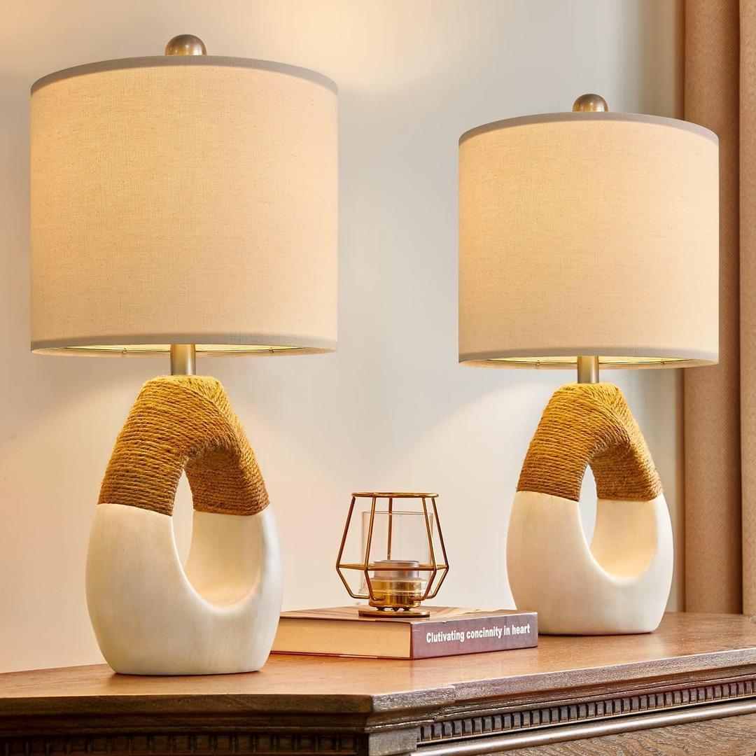 OYEARS 19'' Small Boho Table Lamps for Bedroom Set of 2, Farmhouse Rattan Bedroom Lamps for Living Room Rustic Home Decor, Nightstand Bedside Lamps for Sofa Table Entry Way, Suitable for Small Places (Beige and White)