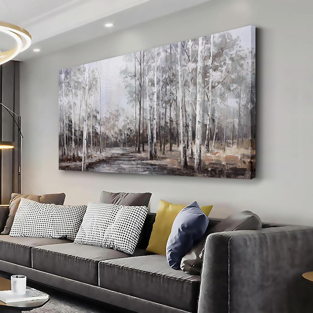 White Birch Tree Wall Art Grey Forest Painting Abstract Canvas Art Landscape Panoramic Picture Nature Artwork Framed for Living Room Bedroom Dinning Room Home Office Wall Decor  58"L x 29"W