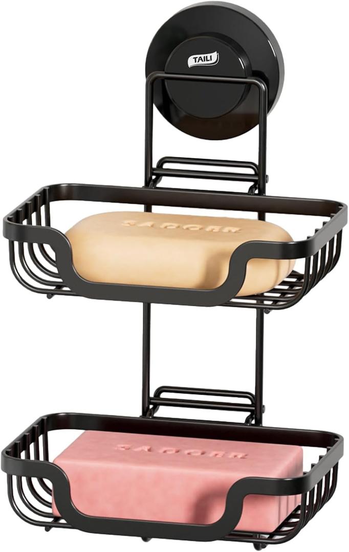 TAILI Double Layer Soap Holder, Drill-Free Bar Soap Dish Tray Suction Cup, Draining for Shower Wall, Bath Storage, Rustproof Stainless Steel Sponge Holder for Tub, Kitchen, Black (5.7" * 10.1")