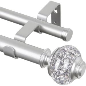 Silver Double Curtain Rod for Windows 66 to 120 Inches (5.5 to 10 Ft), 1 Inch Adjustable Drapery Rods with Sparkling Foil Finials, USFOOK Heavy Duty Curtain Rods for Sliding Glass Door