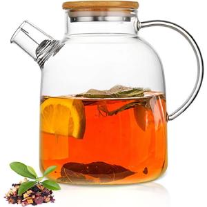 60.8oz Glass Teapot, Stovetop & Microwave Safe Glass Borosilicate Tea Pot,Clear Teapot with Strainer, Glass Tea Kettle with Wooden Lid, Loose LeafFruit Tea and Fragrant Tea