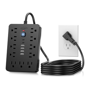 JouleLoom 6 FT Flat Plug Surge Protector Power Strip,11 Multiple AC Outlets with 6 USB Ports (2 USB C), 6 Feet Extension Cord, 1250W/10A, One Touch Switch Button, 17 in 1 Compact powerstrip