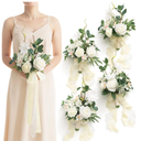 Artificial Flowers White Bridesmaid Bouquet Set of 6 , White & Sage Wedding Flowers Bouquets for Bridesmaids, 7 Inch Bridal Bouquets for Bridesmaids, Wedding, Ceremony, Anniversary, etc. 