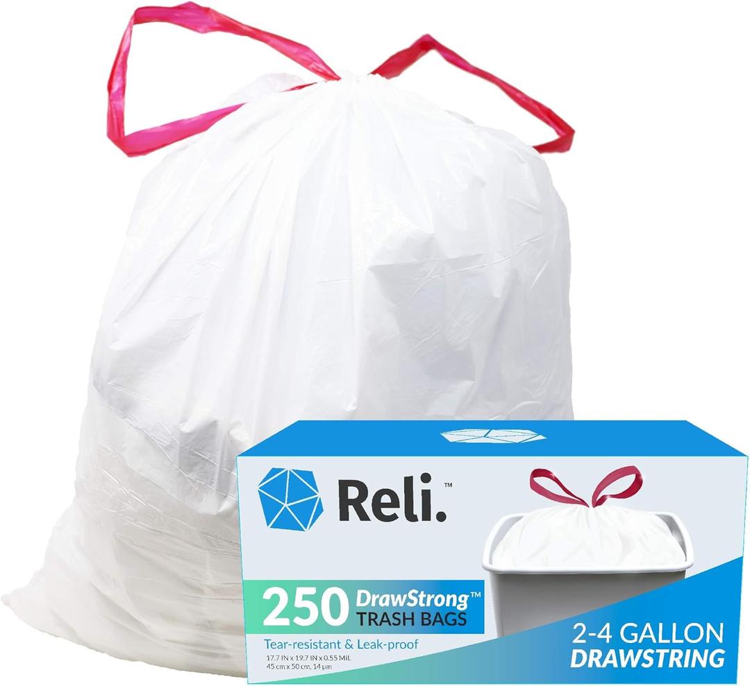 Reli. 2-4 Gallon Garbage Bags Drawstring | 250 Count | 18"x 20" | Small Garbage Bags 4 Gallon - Drawstring Handles | White Garabe Can Liners 2 Gal - 3Gal - 4Gal | Small Bin Liners, Office