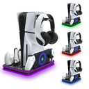 Cooling Station & RGB LED Stand for PS5/PS5 Slim - Dual Controller Charging Dock with Magnetic Charger for PlayStation 5 and PS Portal Remote  All-in-One Gaming Accessories for PS5 Slim Console (Black)