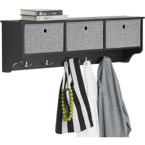 SoBuy Wall Shelf with Hooks, Coat Rack Wall Mount with Shelf Entrywall Storage Cabinet Unit with 3 Baskets 5 Hooks, Black, FRG282-SCH
