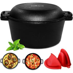 2-in-1 Dutch Oven, Cast Iron Pot with Lid, 5.5 Quart, Pre-Seasoned, All-in-One Cookware Set for Camping, Lodge or RV (Black)
