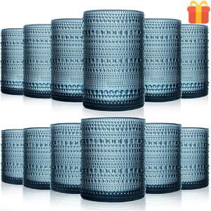 Vintage Glassware Drinking Glasses Set Of 12, Blue 14Oz & 11Oz Hobnail Glass Cups Classic Bubble Texture Old Fashioned Glassware For Beer, Cocktails, Whiskey & Juice Drinks, Dishwasher Safe