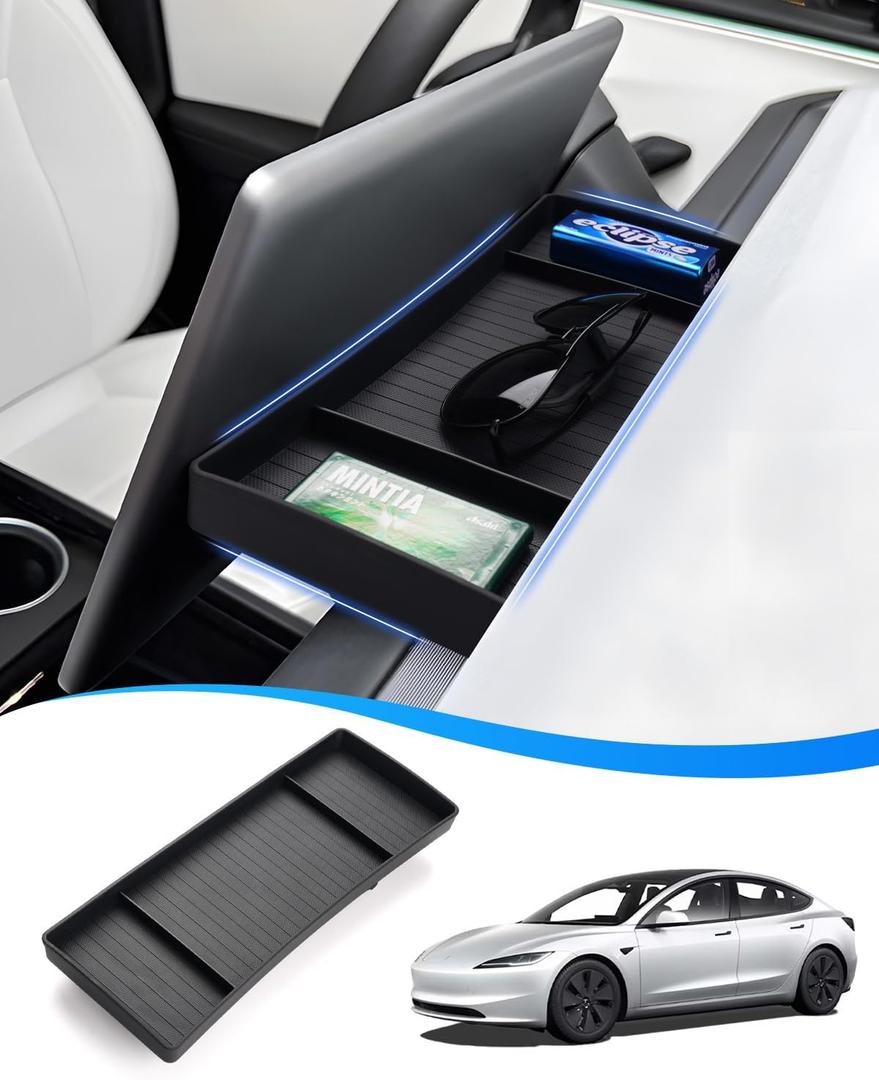 Shademax 2025 Tesla Model 3 Highland Behind Screen Storage Tray Hidden Dashboard Hidden Box Center Console Organizer Fit for Tesla Model 3 Accessories 2024 2025 2026 Non-Slip Sunglasses Tissue (Black)
