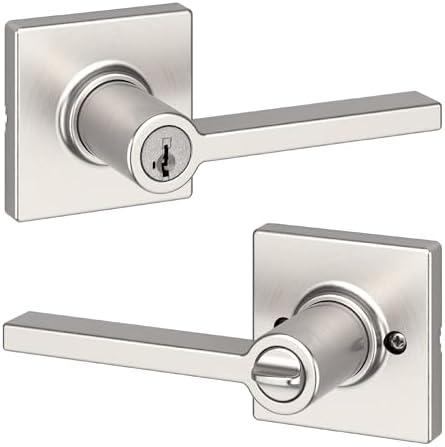 Kwikset Casey Entry Door Handle with Lock and Key, Secure Keyed Reversible Lever Exterior, For Front Entrance and Bedrooms, Satin Nickel , Pick Resistant Smartkey Rekey Security and Microban