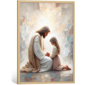 Jesus and Girl Wall Art Natural Wood Christian Religious Wall Decor Jesus Pictures for Living Room Modern Christian Posters for Bedroom Bible Scripture Framed Canvas Art 16x24 Inch