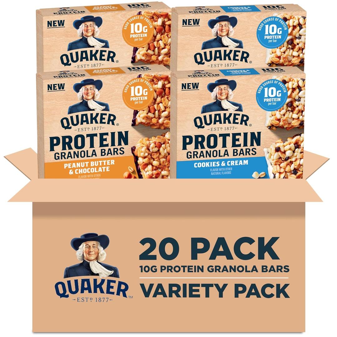 Quaker Protein Granola Bars, 2 Flavor Variety Pack, 10g Protein, 1.41 oz Bars, 20ct, Best By: 09/08/2025