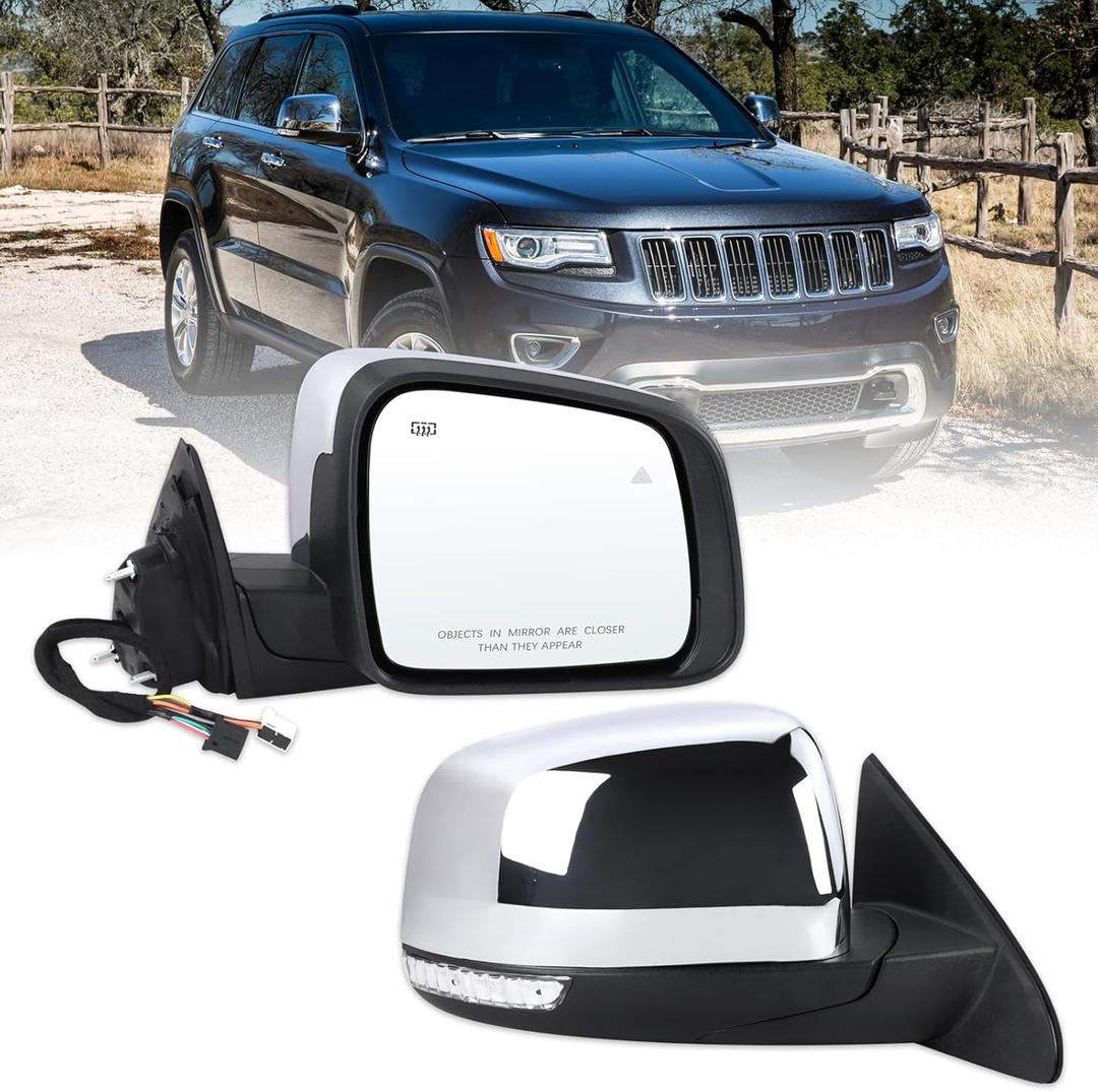 Right Passenger Side Mirror Fits 2014-2021 Jeep Grand Cherokee 2022 Grand Cherokee WK With Manual Folding Heated Turn Signal Mirror Memory Blind Spot Chrome Replace#68236932AB(13Pins)