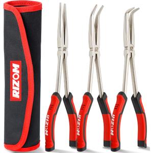 RIZOM 11 Inch Long Needle Nose Pliers, 3Pcs Needle Nose Pliers Set, 90 & 45 Bent Nose Pliers Designed for Long Reach and Narrow Spaces, Includes Storage Bag