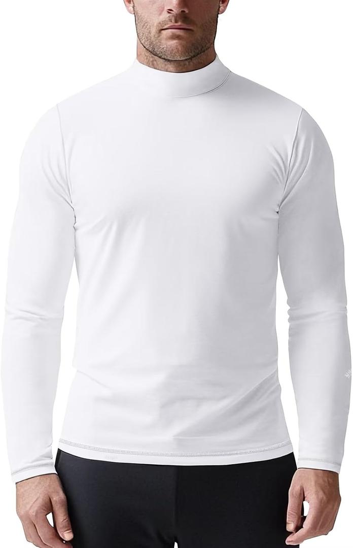 Zengjo Mens Mock Turtleneck Long Sleeve Shirts Thermal Baselayer Lightweight Athletic-Fit Undershirt for Cold Weather Sports (Large, White)