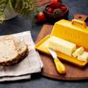 Ceramic Butter Dish Set with Lid and Knife - [Yellow]- Decorative Butter Stick Holder with Handle for 1 Stick of Butter - Microwave Safe, Dishwasher Safe - Anti-Scratch Stickers Included