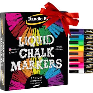Bandle B. Chalk Markers - 8 Vibrant, Erasable, Non-Toxic, Water-Based, Reversible Tips. For Glass or Chalkboard Markers for Businesses, Restaurants, Liquid Drawing Chalk (Vibrant 6mm)