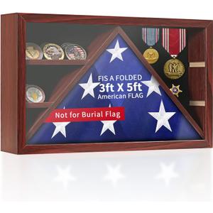 Flag Box Display Case for 3' x 5' American Flag, Not for Burial Flag, Military Shadow Box with HD Tempered and Wall MountedFlag Cases for Veterans,Folded Flag Display Case,Red