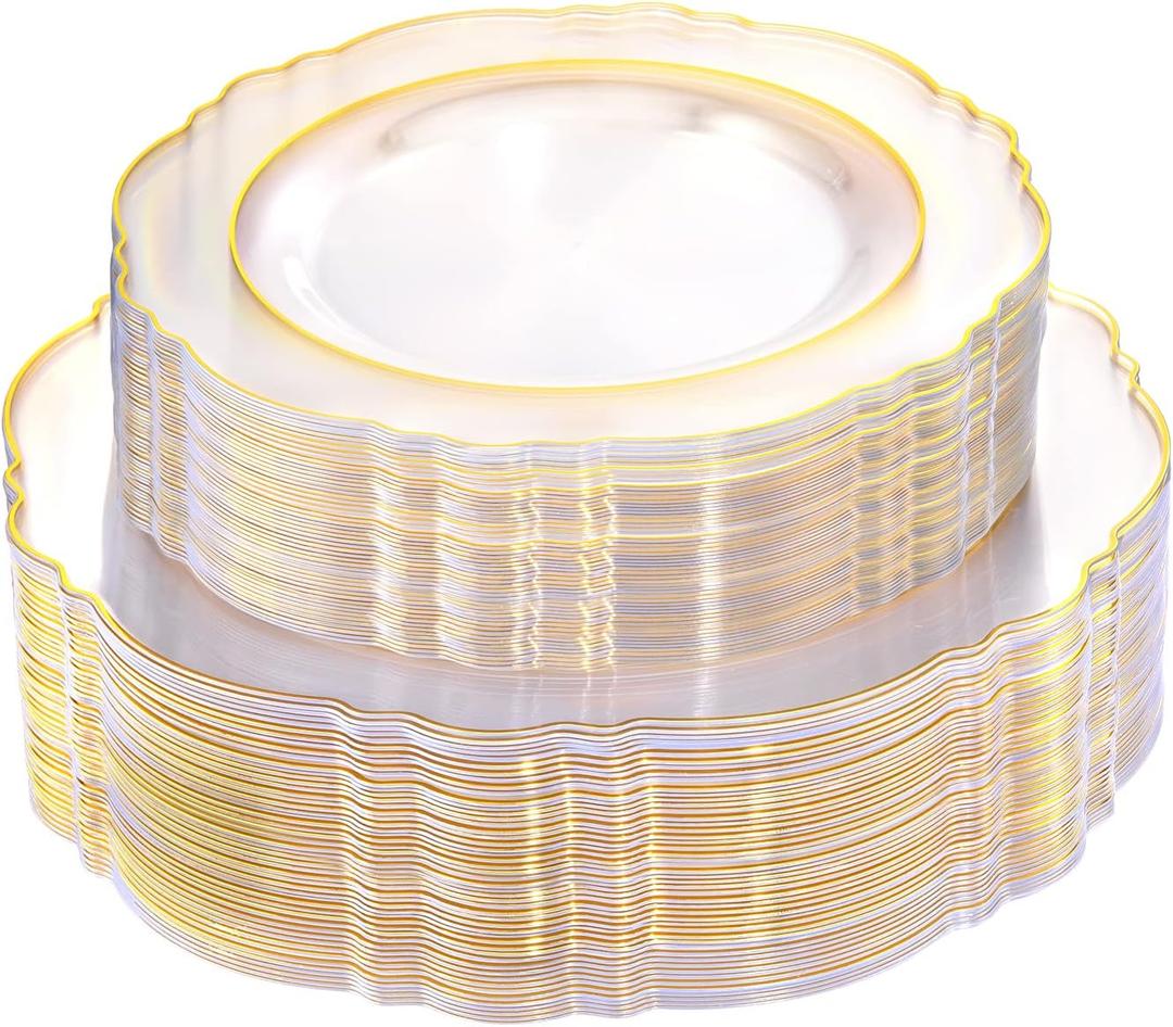 WDF 100pcs Clear Disposable Plastic Plates With Gold Trim - Baroque Clear Gold for Parties or Wedding or Thanksgiving - including 50PCS Dinner Plates 10.25inch and 50PCS Salad Plates 7.5inch