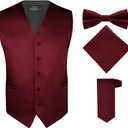 S.H. Churchill & Co. Men's 4 Piece Vest Set, with Bow Tie, Neck Tie & Pocket Hankie (Red), M