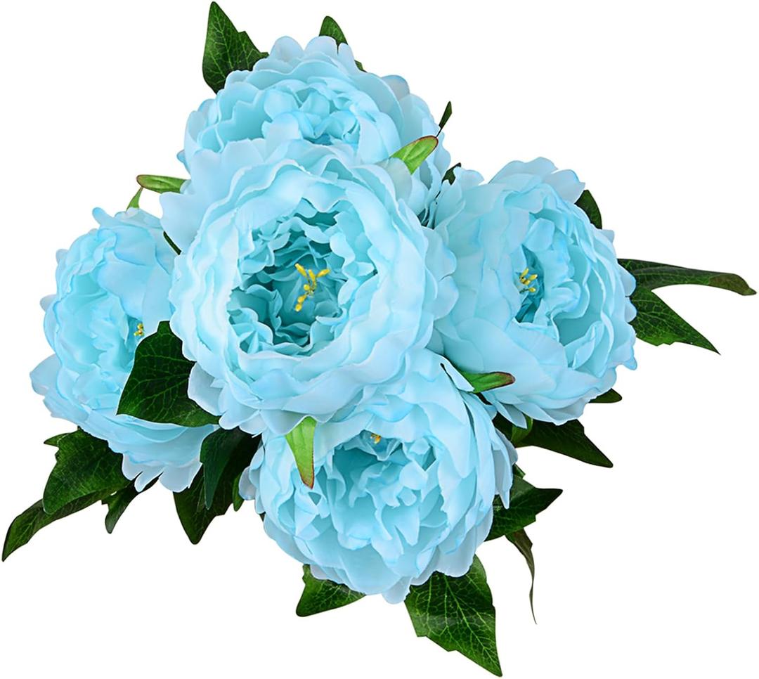 Artificial Peony Silk Flowers Bouquet Home Wedding Decoration, 1 Pack, 5 Heads (Turquoise)