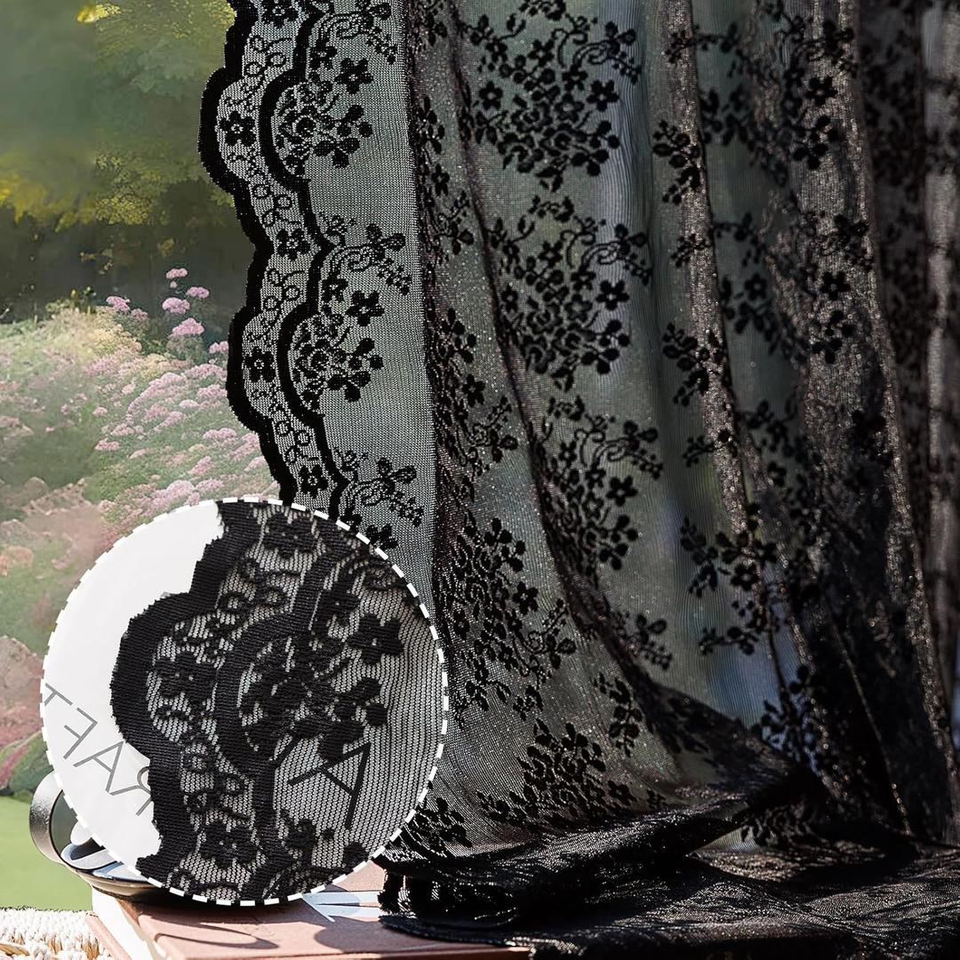 Anmao Vintage Lace Curtains 72 Inches Long 2 Panels Set, Romantic Elegant Light Filtering Semi Sheer Floral Thick Lacy Curtain Drapes for Living Room and Bedroom, Each Panel 55W x 72L, Black