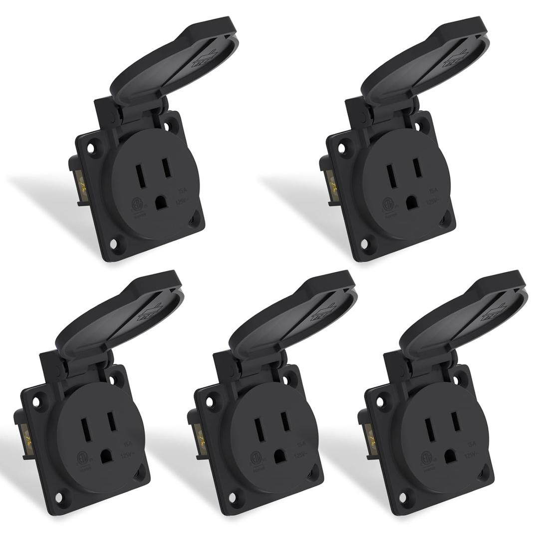 STARELO 5PCS 15Amp Power Outlet Receptacle NEMA 5-15R with Cover,125Volt 2 Pole 3Wire ,Weatherproof, Dustproof and Radiation Proof Power Outlet for Outdoor Use,ETL Listed.